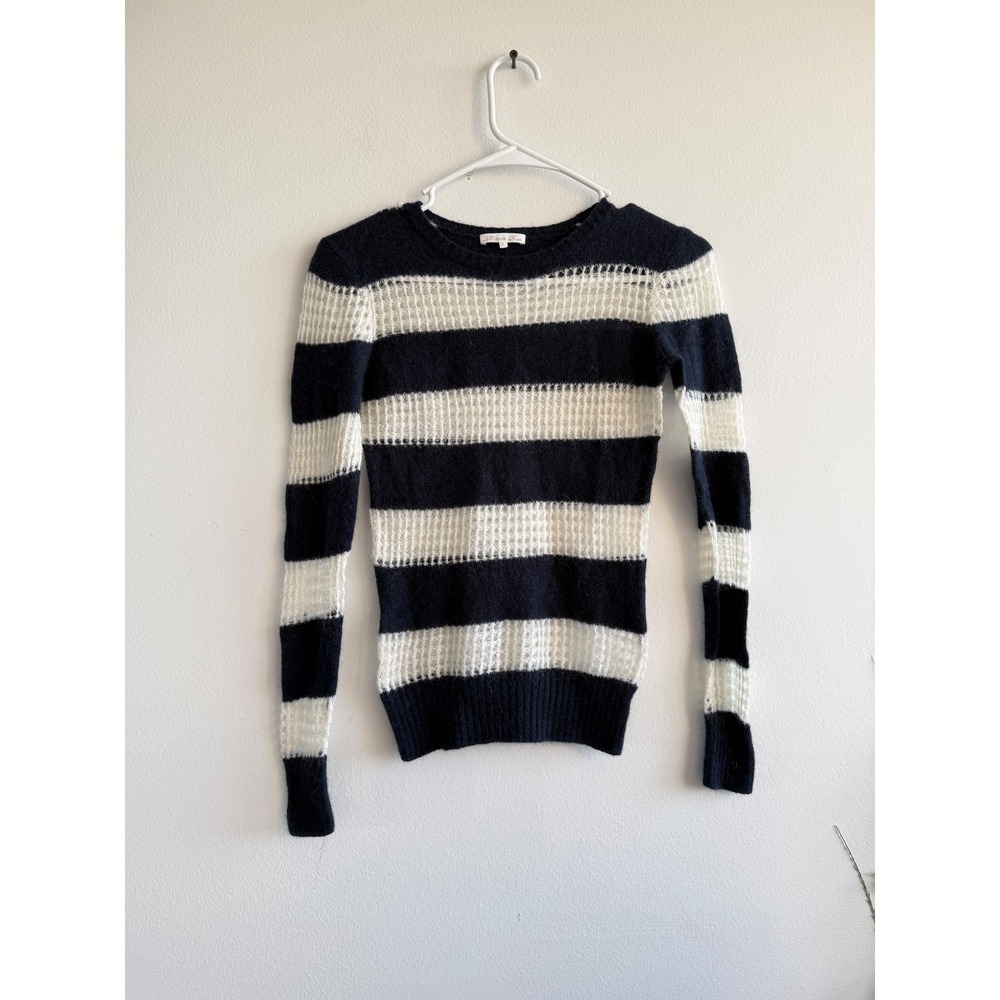 Minnie Rose Cashmere Mohair Striped Sweater Navy Blue Cream Womens Small S